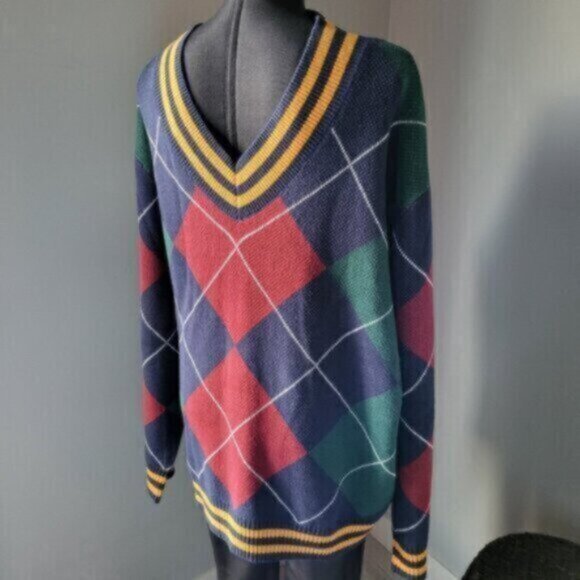 LEVI'S Preppy Argyle RETRO 90's Stay Loose Oversized V-Neck Sweater Sz Large - Picture 8 of 16